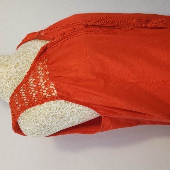 Cupio Orange Crochet Embroidered Sleeveless Tassel Tie 3/4 Button Front Top L - Picture 6 of 14